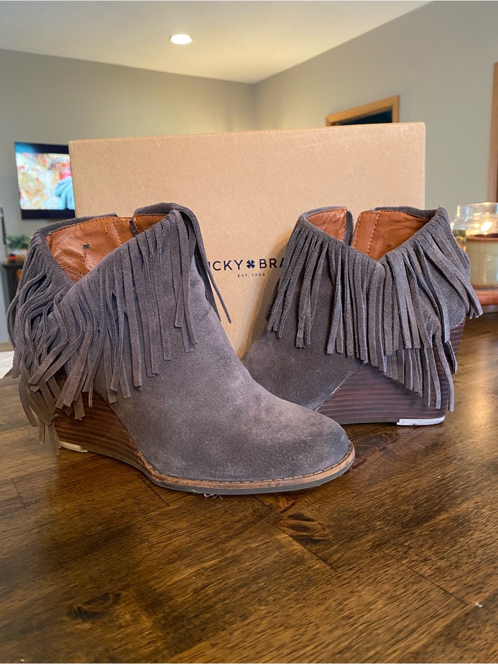 Lucky Brand Gray Suede Fringe Wedge Booties